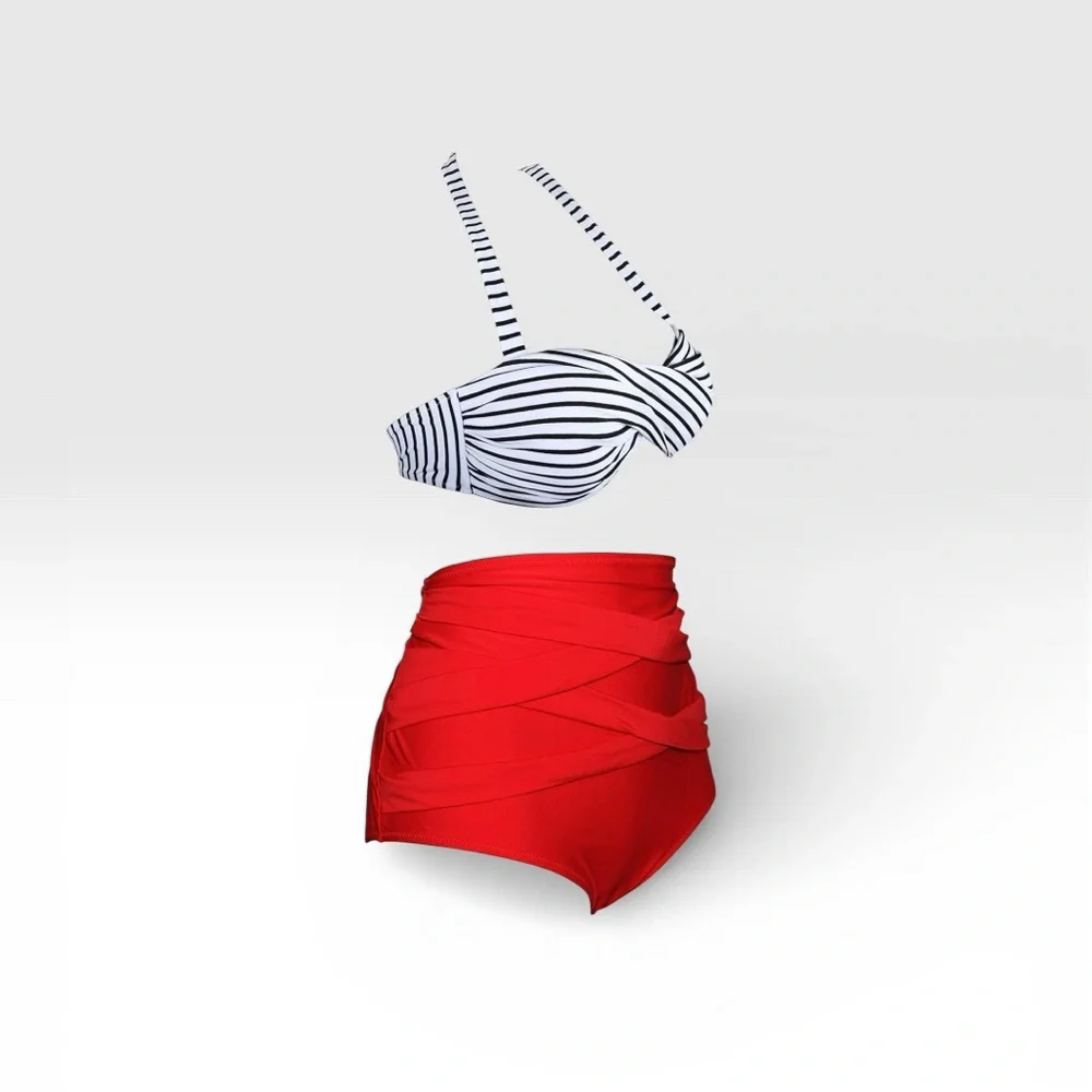 Elegant Black and White Striped Bikini with Red High-Waisted Bottoms - Picture 2 of 6